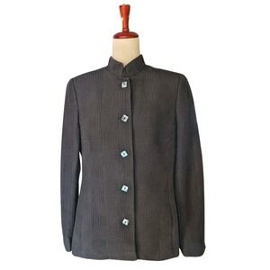 Nina McLemore Washed Black Silk Cotton Textured Mandarin Collar Blazer Jacket 12